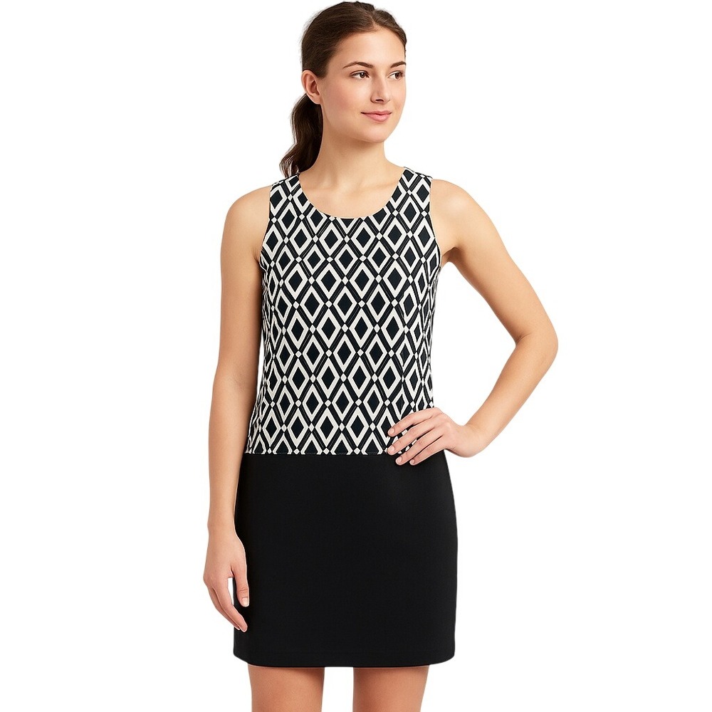 Worthington Womens Sheath Dress L Black Beige Diamond Geometric Pocket Work